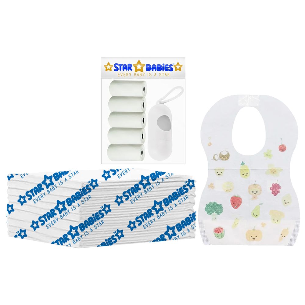 Star Babies - Disposable Changing Mat 8pcs, Bibs 8pcs, Scented Bag With Dispenser - White