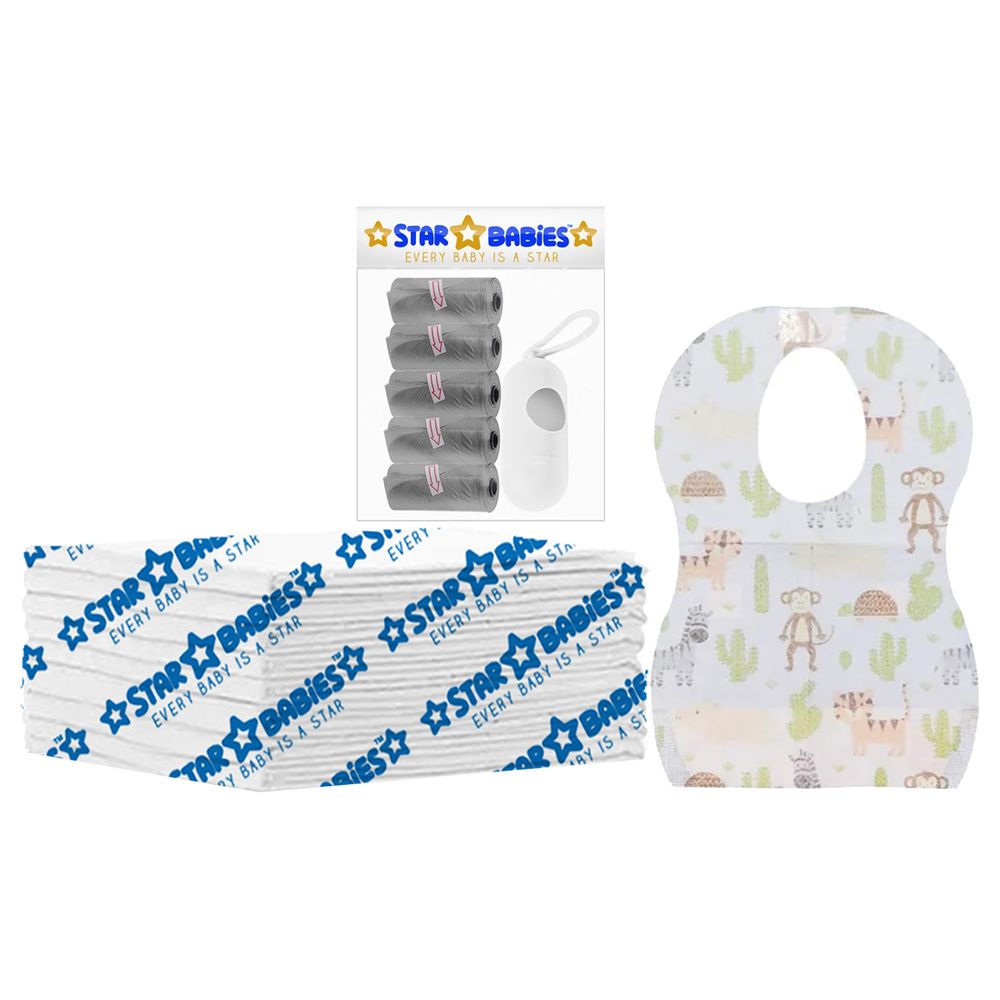 Star Babies - Disposable Changing Mat 8pcs, Bibs 8pcs, Scented Bag With Dispenser - Grey