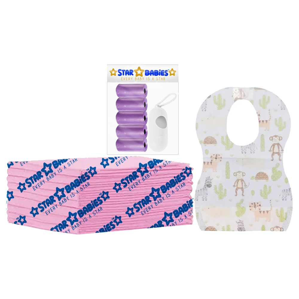 Star Babies - Disposable Changing Mat 8pcs, Bibs 8pcs, Scented Bag With Dispenser - Lavender