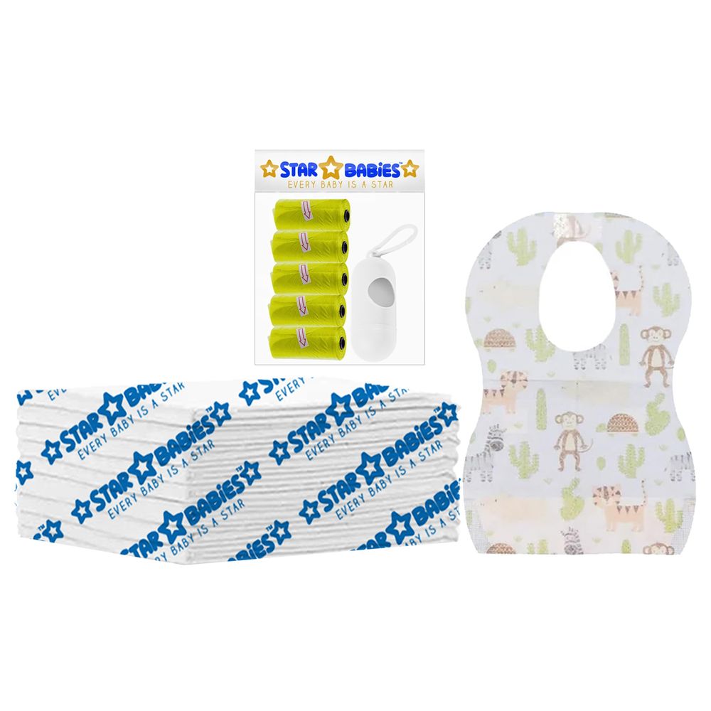 Star Babies - Disposable Changing Mat 8pcs, Bibs 8pcs, Scented Bag With Dispenser - Yellow