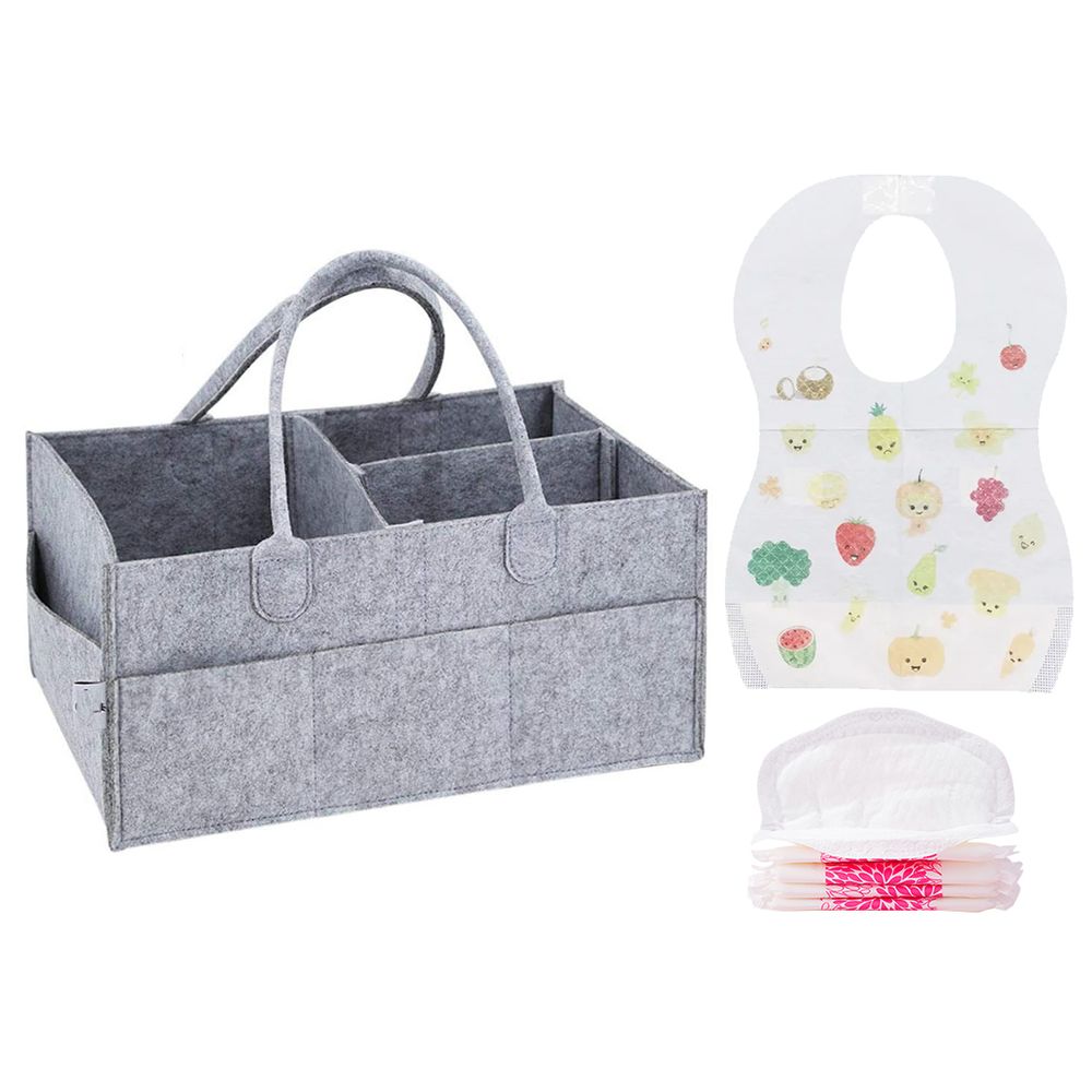 Star Babies - Caddy Diaper Bag With Breast Pad 5pcs & Disposable Bibs 5pcs - Grey