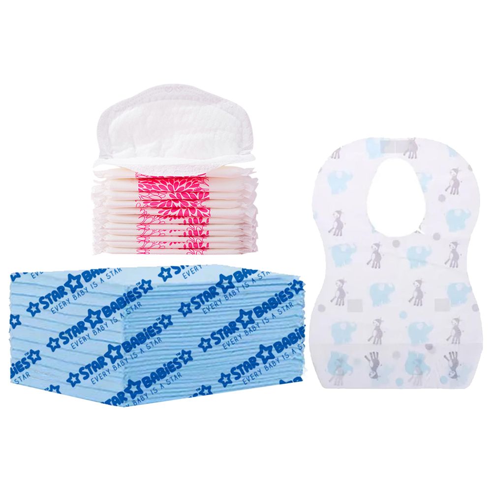 Star Babies - Changing Mat 12pcs With Breast Pad 12pcs & Disposable Bibs 12pcs - Blue