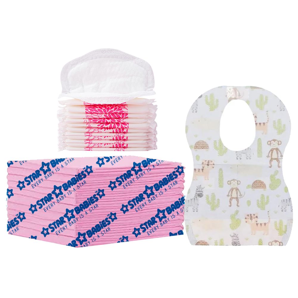 Star Babies - Changing Mat 12pcs With Breast Pad 12pcs & Disposable Bibs 12pcs - Pink