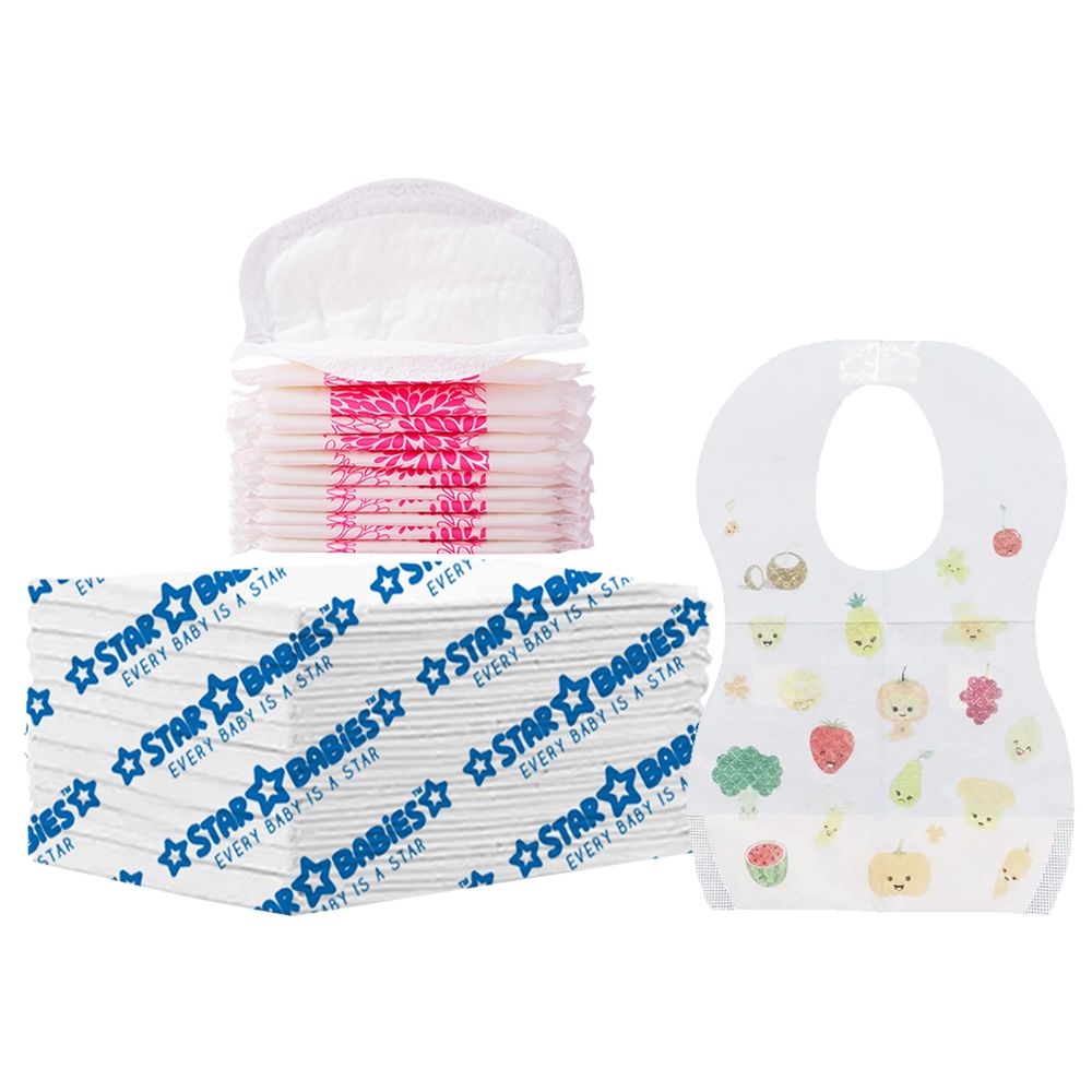 Star Babies - Changing Mat 12pcs With Breast Pad 12pcs & Disposable Bibs 12pcs - White