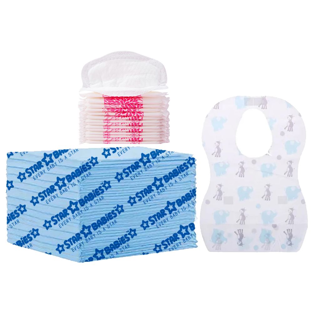 Star Babies - Changing Mat 15pcs With Breast Pad 15pcs & Disposable Bibs 15pcs - Blue