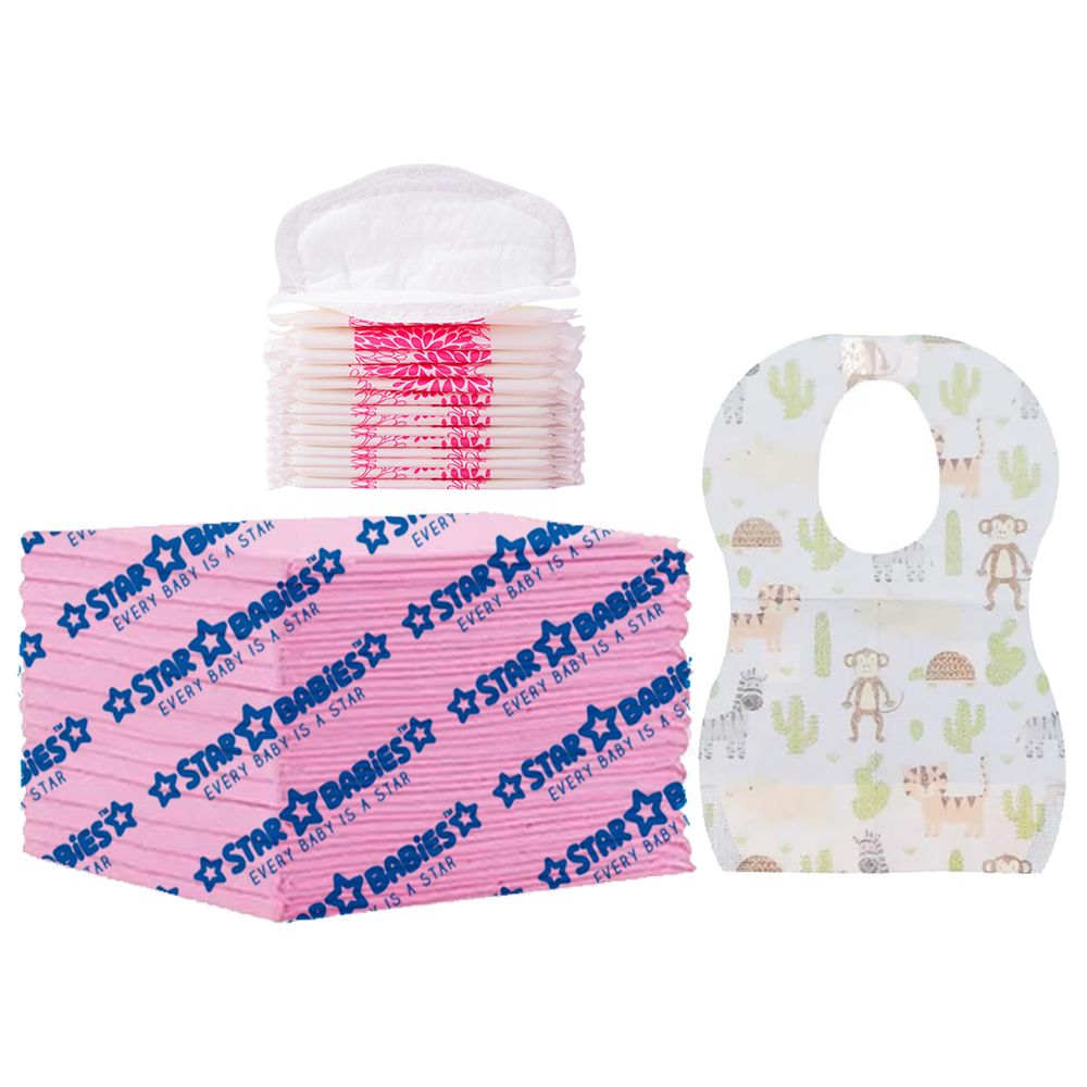 Star Babies - Changing Mat 15pcs With Breast Pad 15pcs & Disposable Bibs 15pcs - Pink