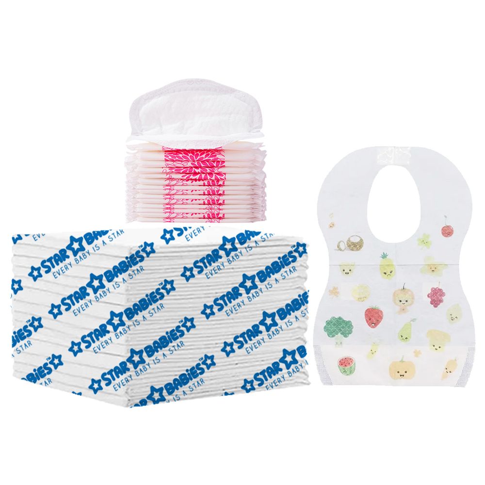 Star Babies - Changing Mat 15pcs With Breast Pad 15pcs & Disposable Bibs 15pcs - White