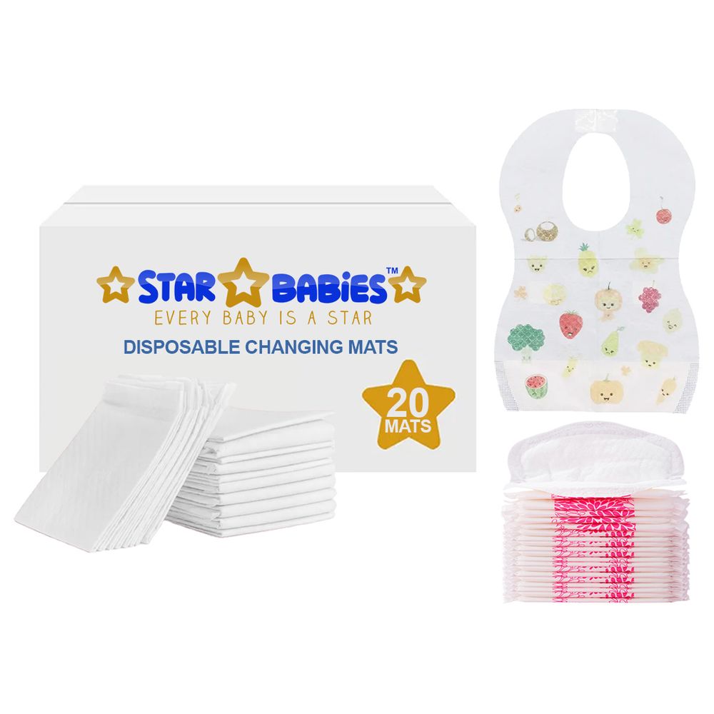 Star Babies - Changing Mat 20pcs With Breast Pad 20pcs & Disposable Bibs 20pcs - White