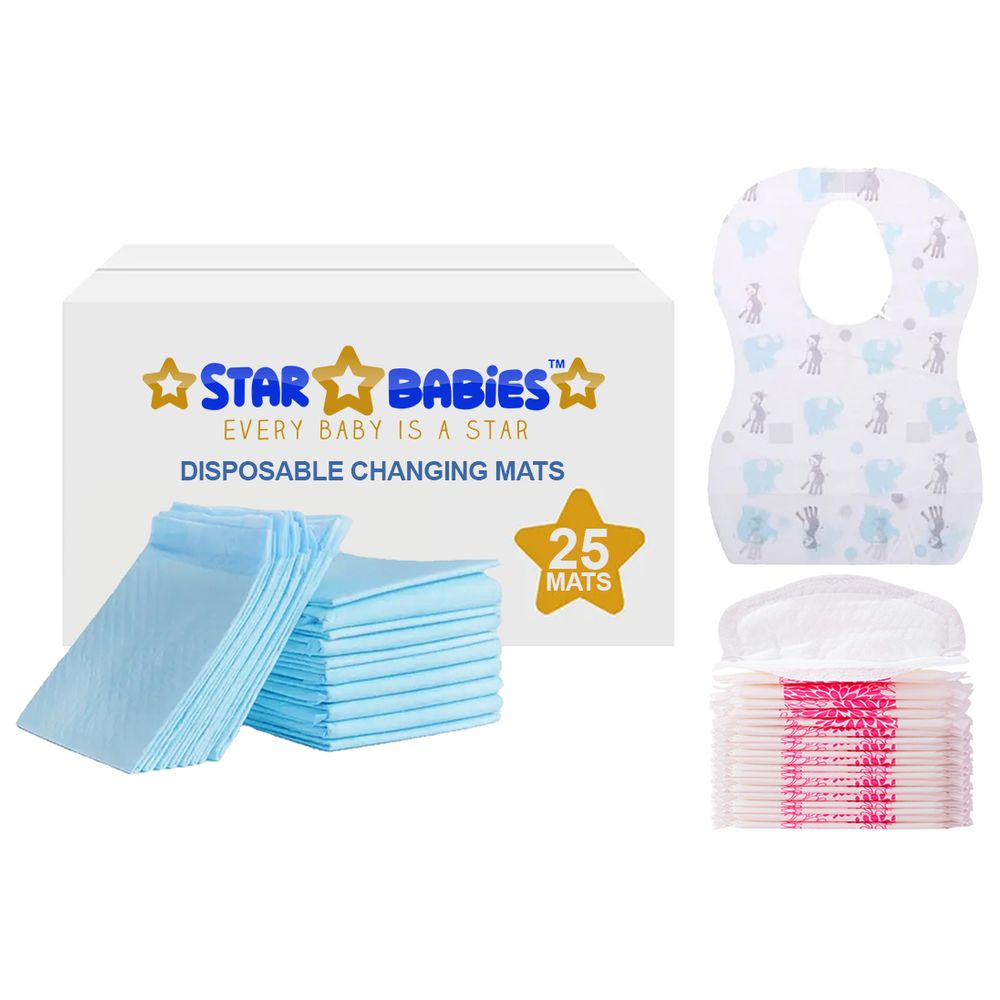 Star Babies - Changing Mat 25pcs With Breast Pad 25pcs & Disposable Bibs 25pcs - Blue