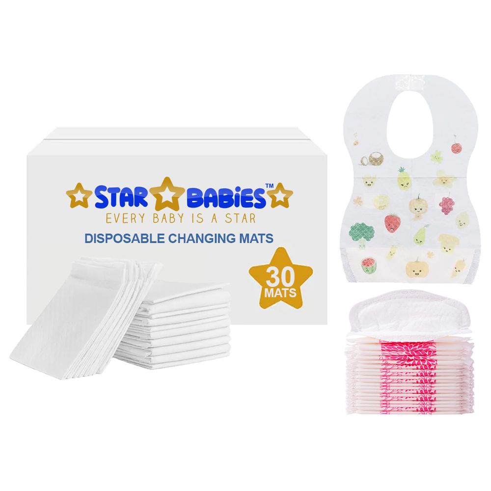 Star Babies - Changing Mat 30pcs With Breast Pad 30pcs & Disposable Bibs 30pcs - White