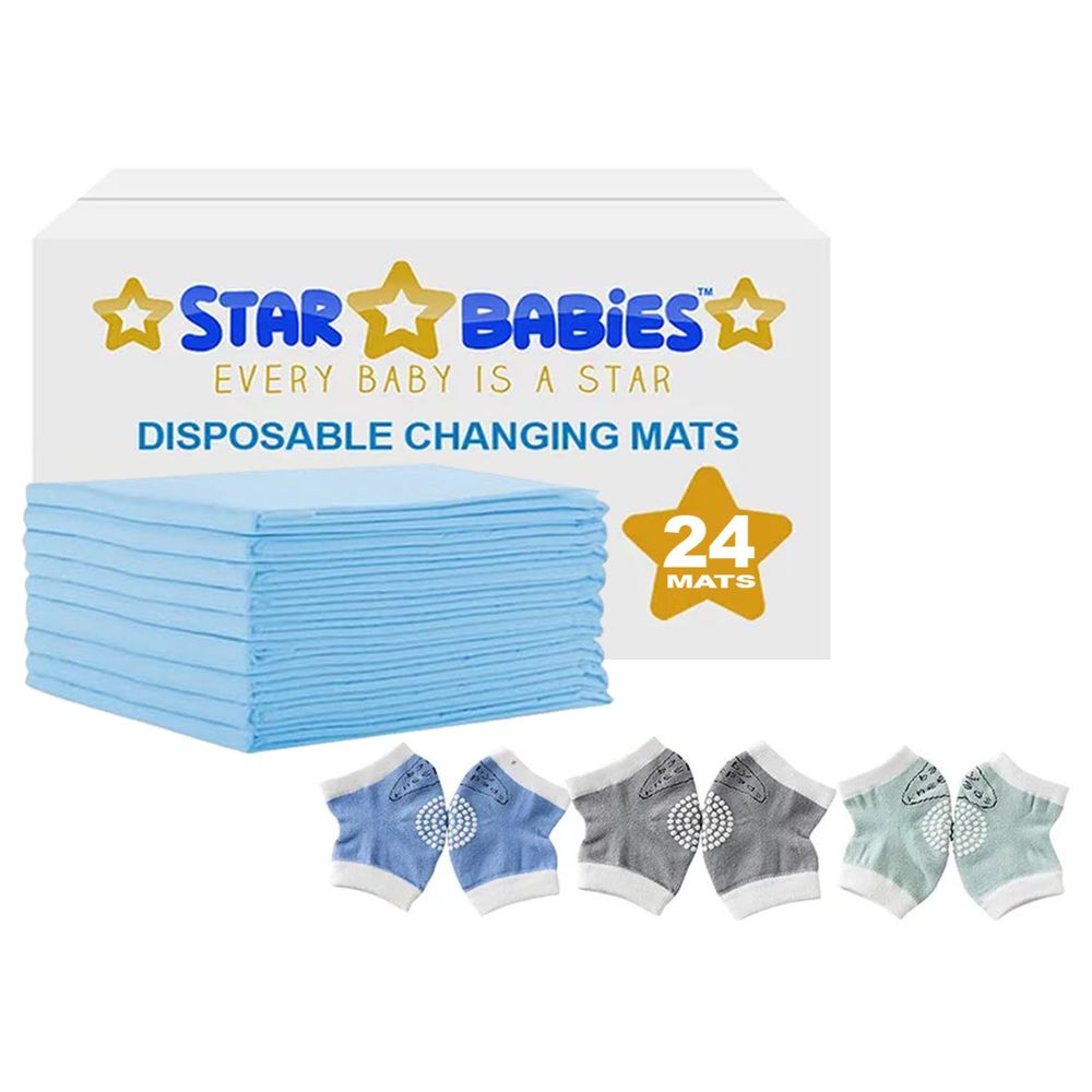 Star Babies - Disposable Changing Mat 24pcs With Baby Boy's Knee Pad - Blue