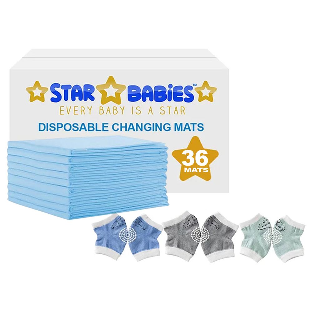 Star Babies - Disposable Changing Mat 36pcs With Baby Boy's Knee Pad - Blue