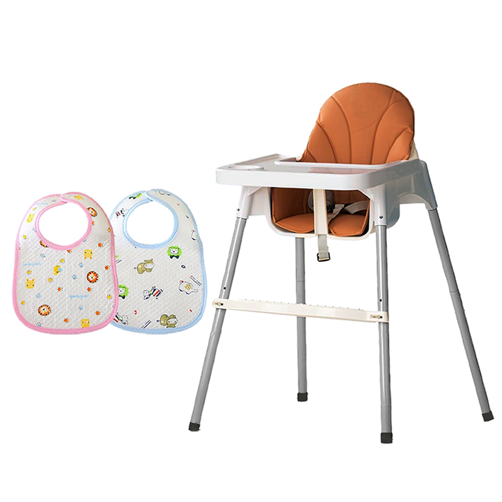 Star Babies 2-In-1 Baby High Chair With Cotton Bibs - 2 Pcs - Khaki/Multicolor