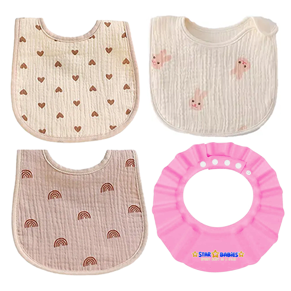 Star Babies - Cotton Bib And Shower Cap Set - Pink - 4 Pcs