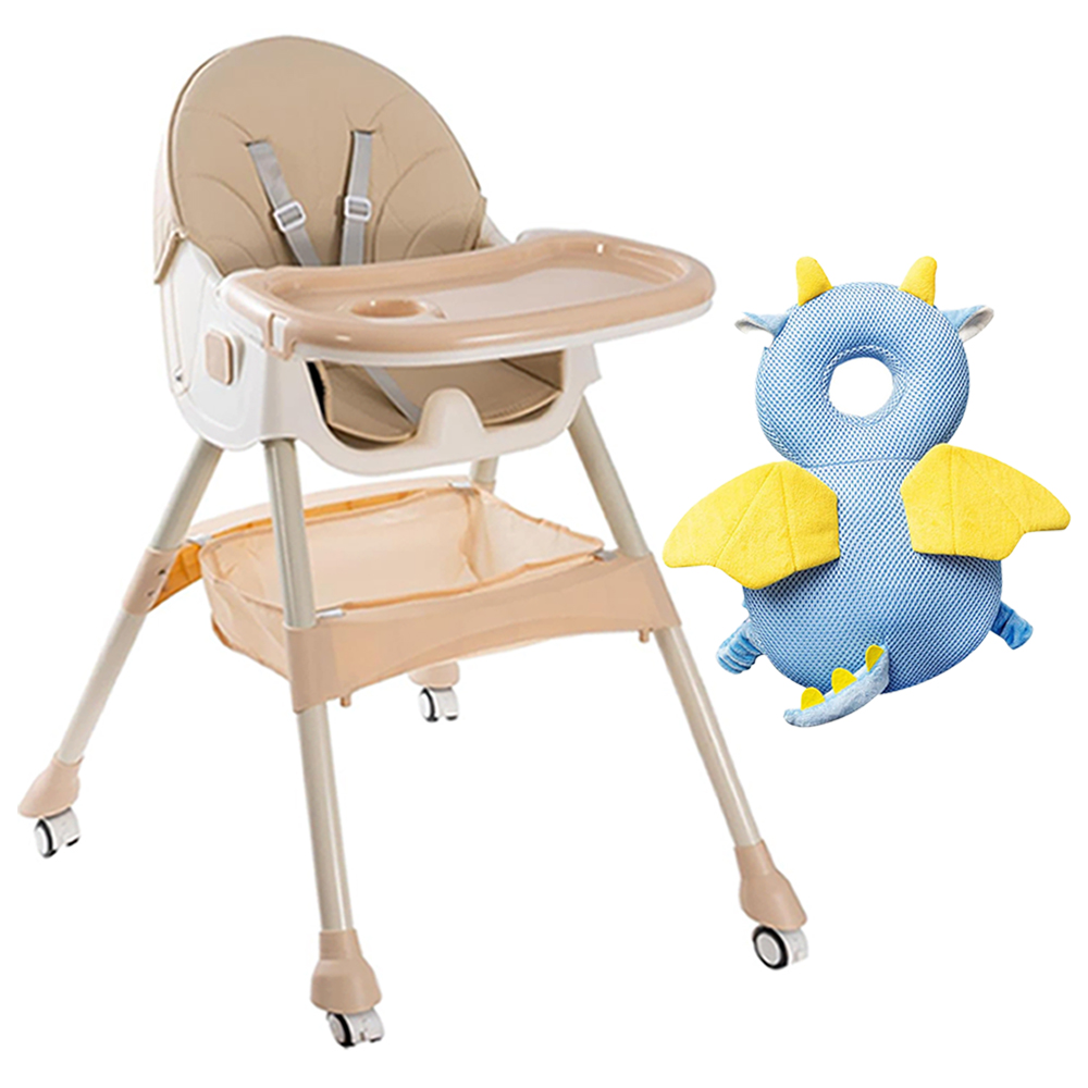 Star Babies Foldable High Chair & Baby Head Support Cushion Set - Beige/Blue - 2 Pcs