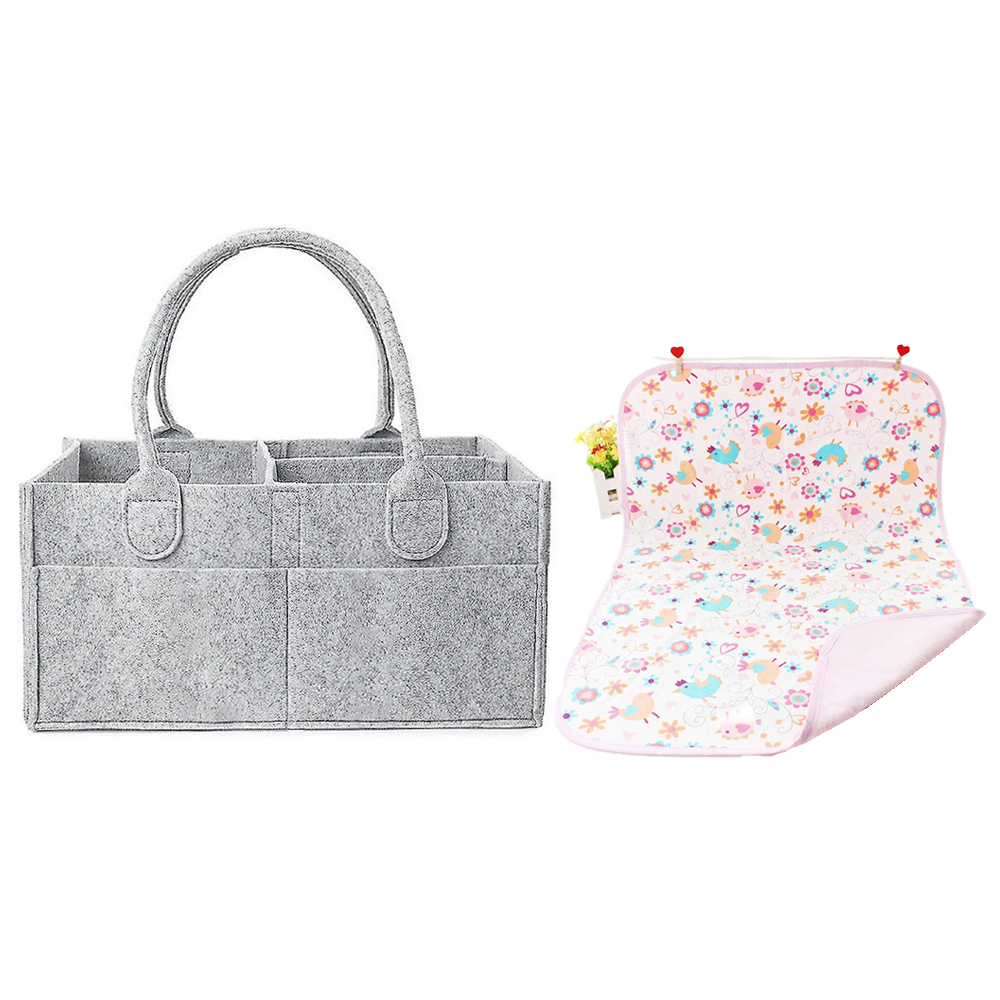 Star Babies - Reusable Changing Mat & Diaper Caddy Organizer Set - Grey/Pink - 2 Pcs