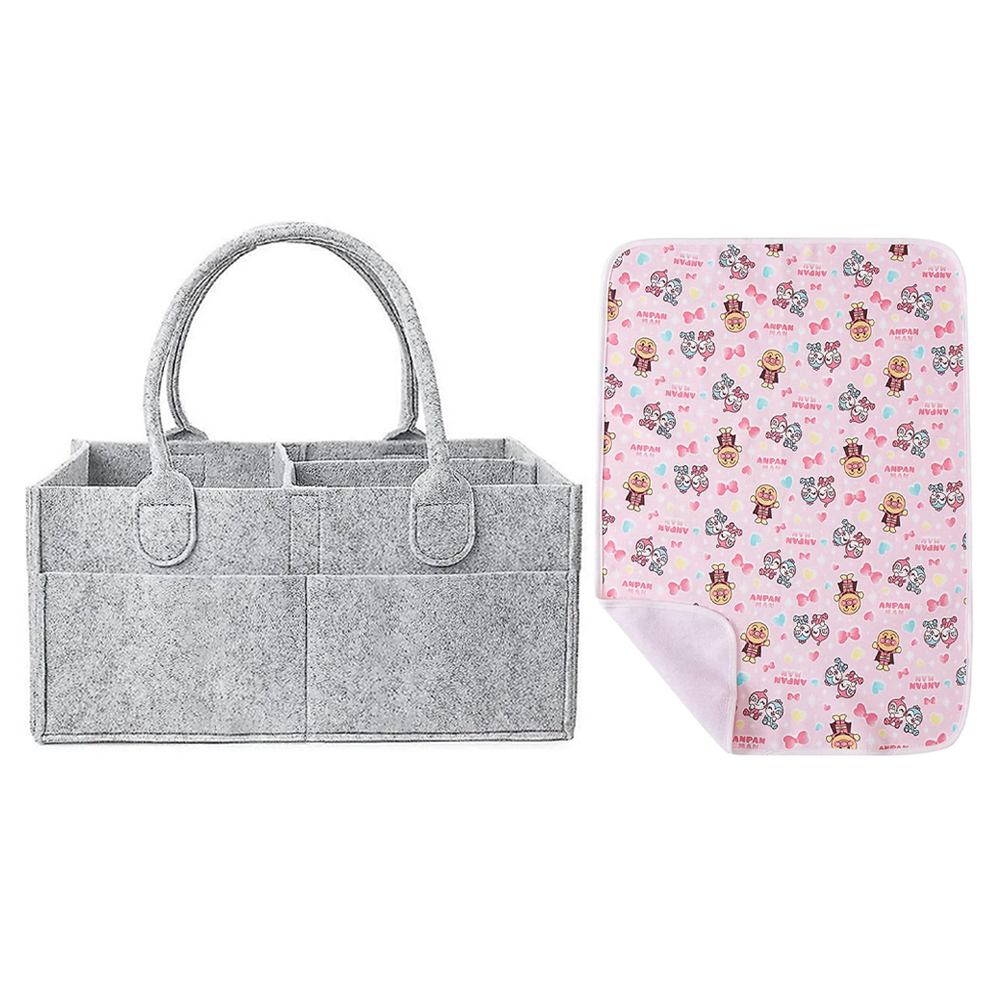 Star Babies - Reusable Printed Changing Mat & Diaper Caddy Organizer Set - Pink/Grey - 2 Pcs