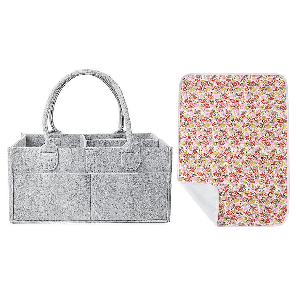 Star Babies - Flower Printed Reusable Changing Mat & Diaper Caddy Organizer Set - Grey/Pink - 2 Pcs