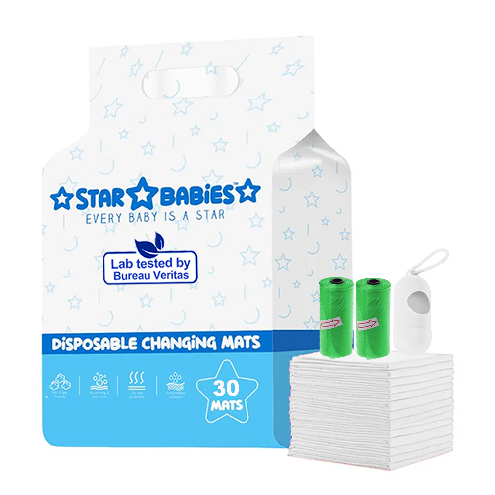 Star Babies - Disposable Changing Mat 30 Pcs With Disposable Scented Nappy Bag 30 Pcs - White/Green