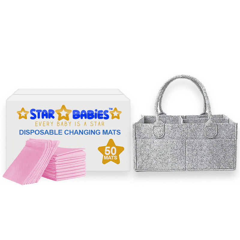 Star Babies - Baby Diaper Caddy Organizer With Disposable Changing Mat 50Pc Set - Pink
