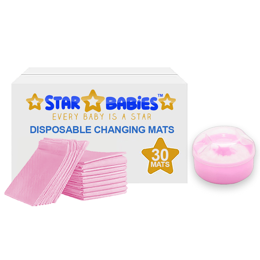 Star Babies - Disposable Changing Pads With Kids Powder Puff And Container Case 30Pc Set - Pink