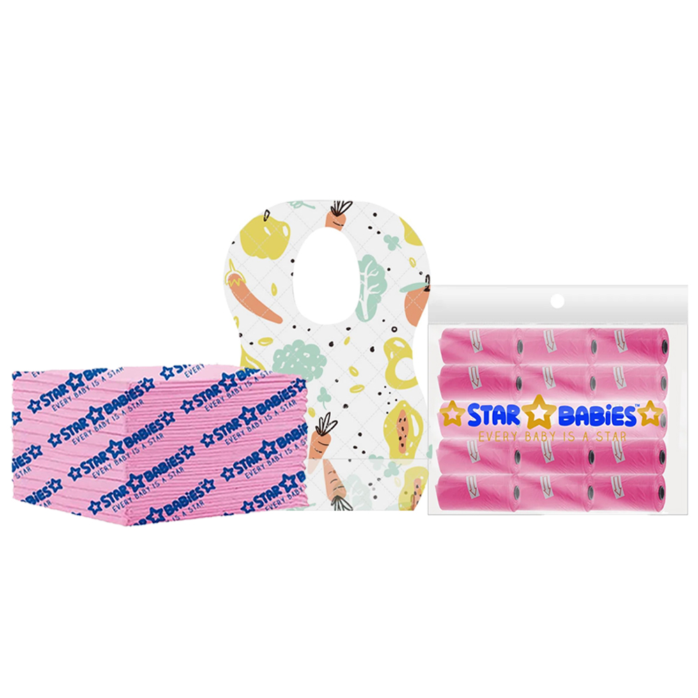 Star Babies - Disposable Changing Pads, Paper Bibs With Catcher & Disposable Scented Bag 45Pc Set - Pink