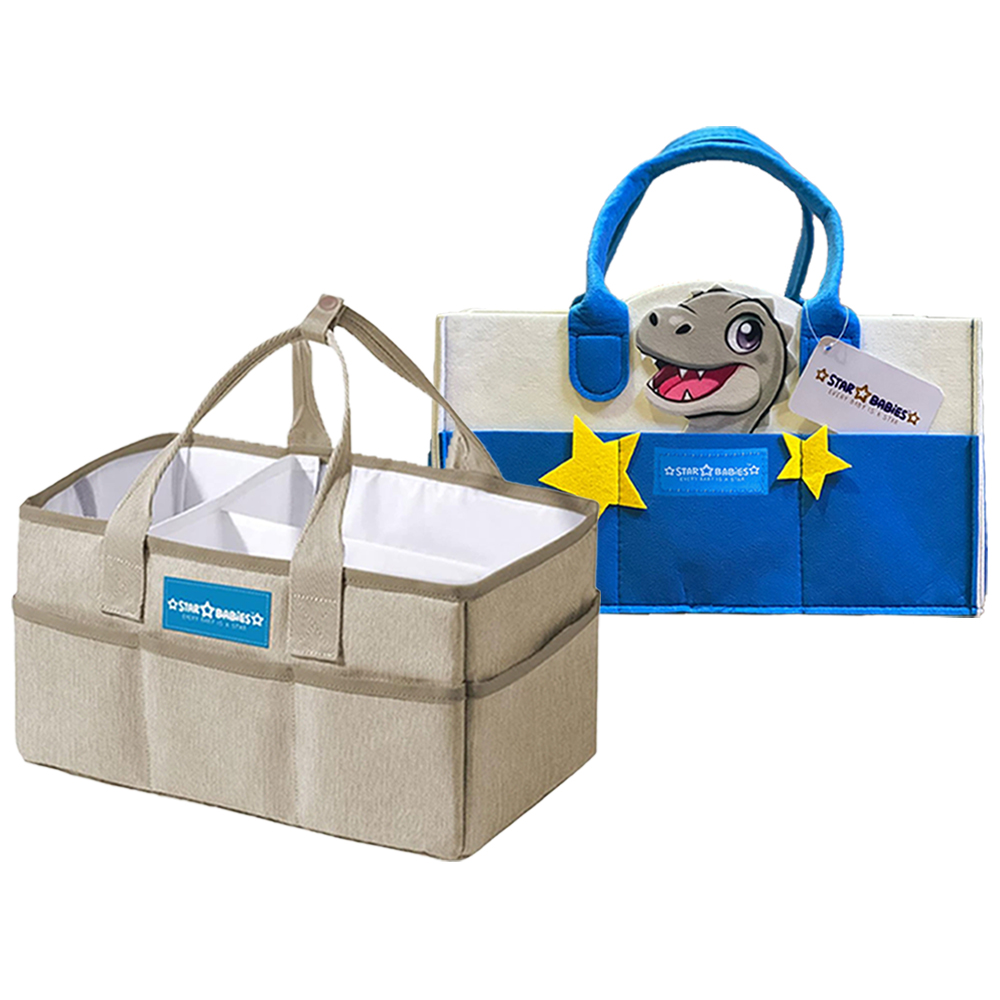 Star Babies - Caddy Diaper Bag - Dino - Khaki/Blue - Pack Of 2 - Medium