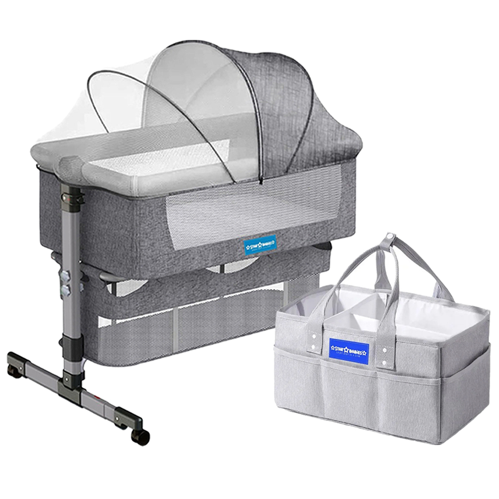 Star Babies - Baby Bedside Crib With Caddy Diaper Organizer - Grey - Pack Of 2