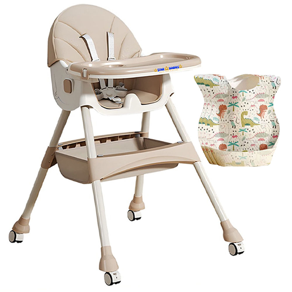 Star Babies High Chair With Wheels And Disposable Bibs - 20 Pcs - Multicolor