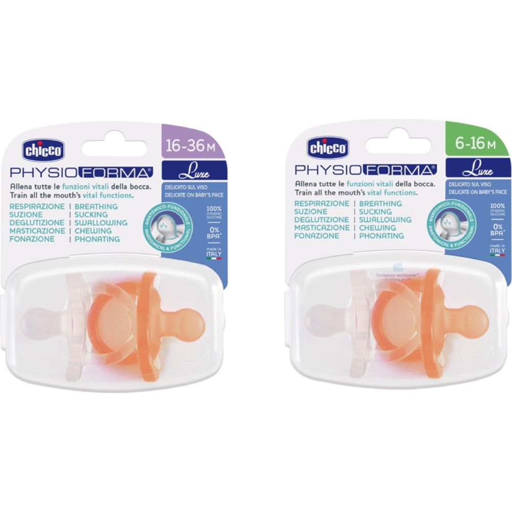 Chicco PhysioForma Luxe Soft Silicone Soother - Orange/Clear - Pack of 2