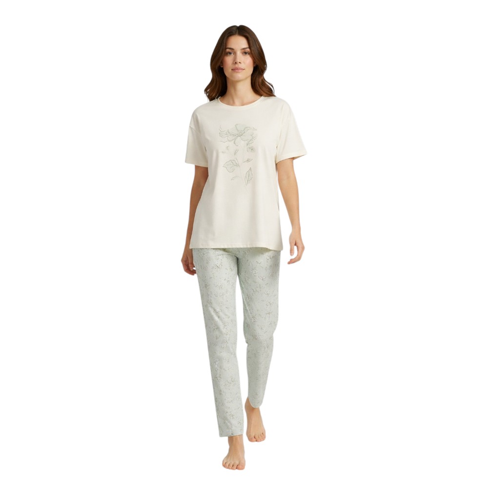 Victor And Jane - 2pc-Set - Women's Floral Graphic Pyjama T-Shirt & Pants - Ivory/Sage