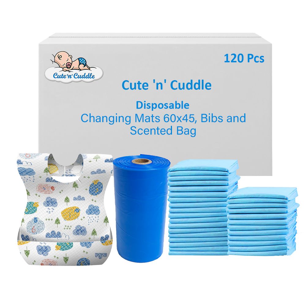 Cute 'n' Cuddle - Disposable Baby Bibs, Scented Bags & Changing Mats - Blue - Pack of 360