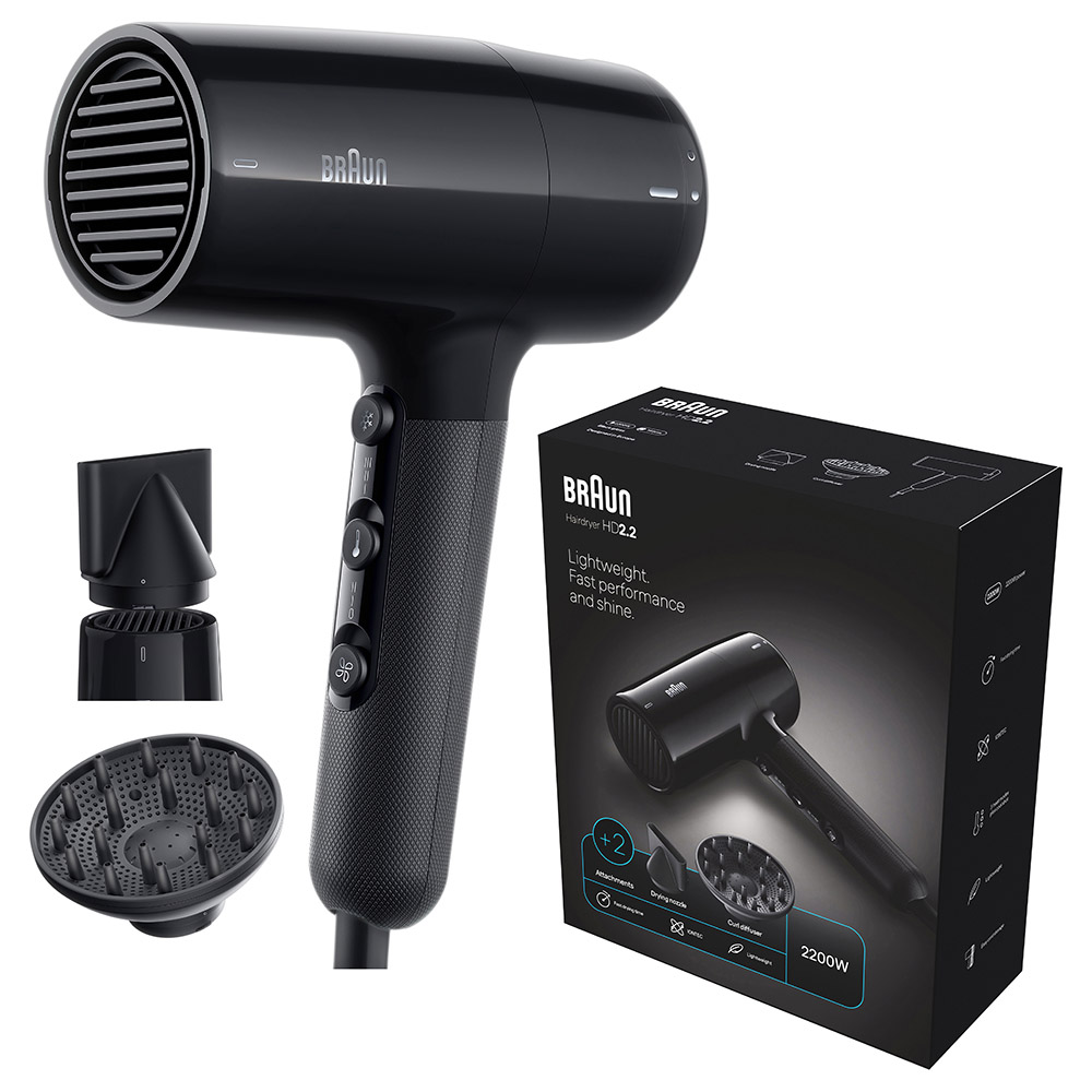 Braun Hair Dryer With 2 Attachments HD2.2 - Ion Black