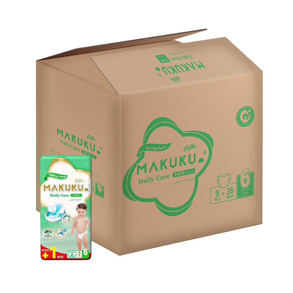 Makuku - Daily Care Tape Diapers - Savings Pack - Size 6 - 15+ kg - Pack of 16 - 144 Count