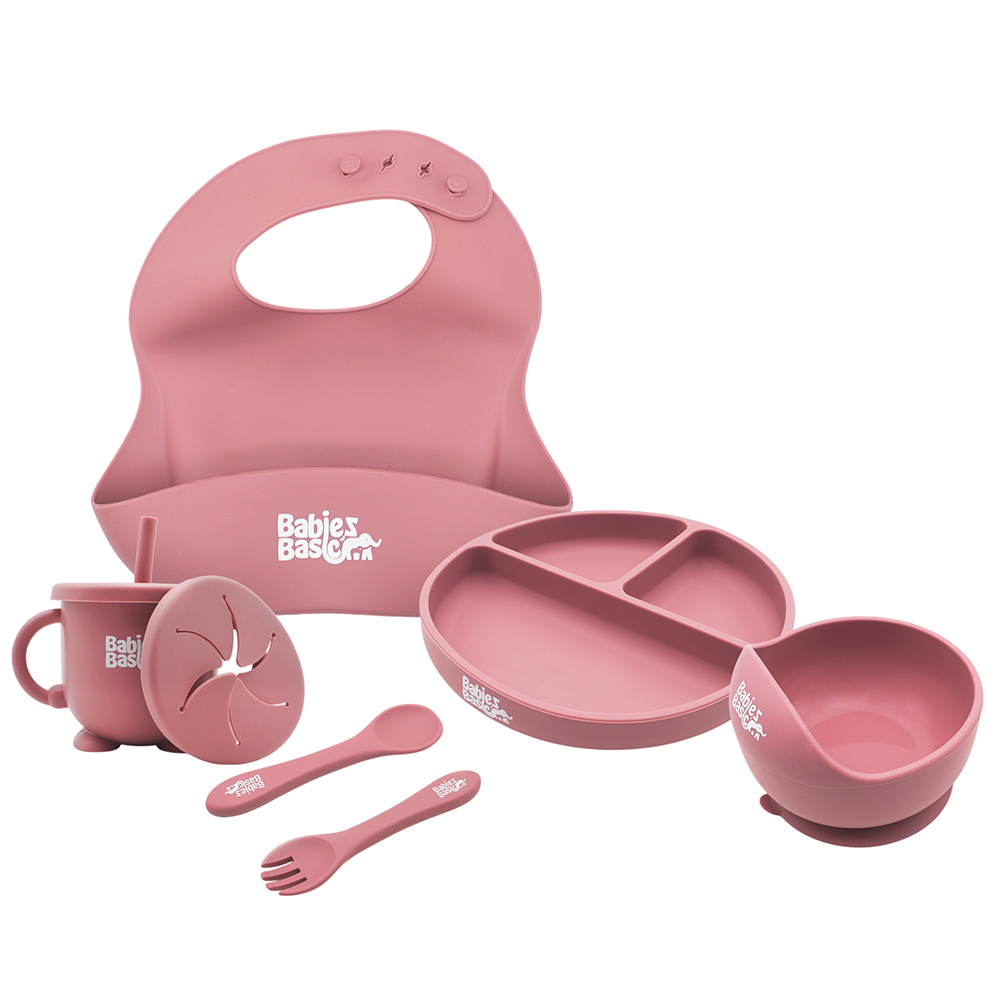 Babies Basic Feeding Set, 6 Piece, Silicone Plate, Bowl, Bib, Spoon , Fork and  2 in 1 Cup - Dusty Pink