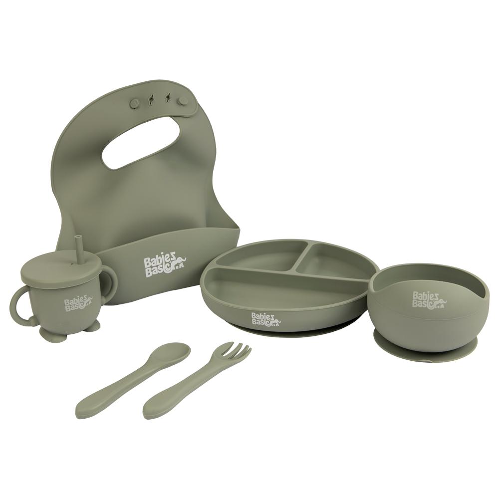 Babies Basic - Silicone Plate, Bowl, Cup,Spoon & Fork Set - 6pcs - Grey