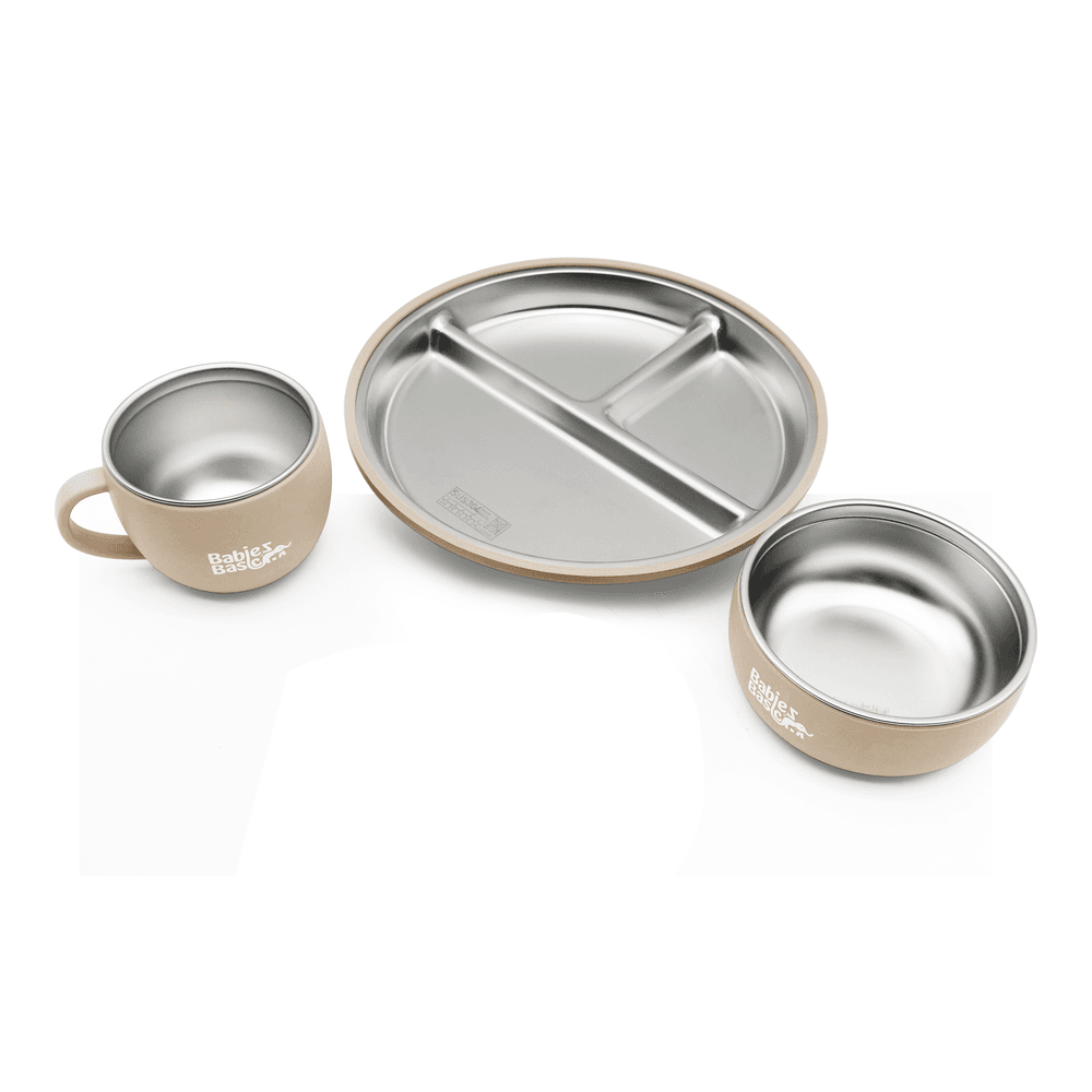 Babies Basic - Stainless Steel Feeding Plate, Bowl & Cup With Silicone Sleeve - Beige - 3 Pcs