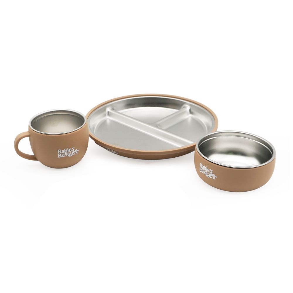Babies Basic - Stainless Steel Feeding Plate, Bowl & Cup With Silicone Sleeve - Brown - 3 Pcs