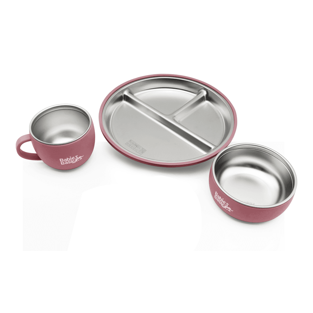 Babies Basic - Stainless Steel Feeding Plate, Bowl & Cup With Silicone Sleeve - Dusty Pink - 3 Pcs