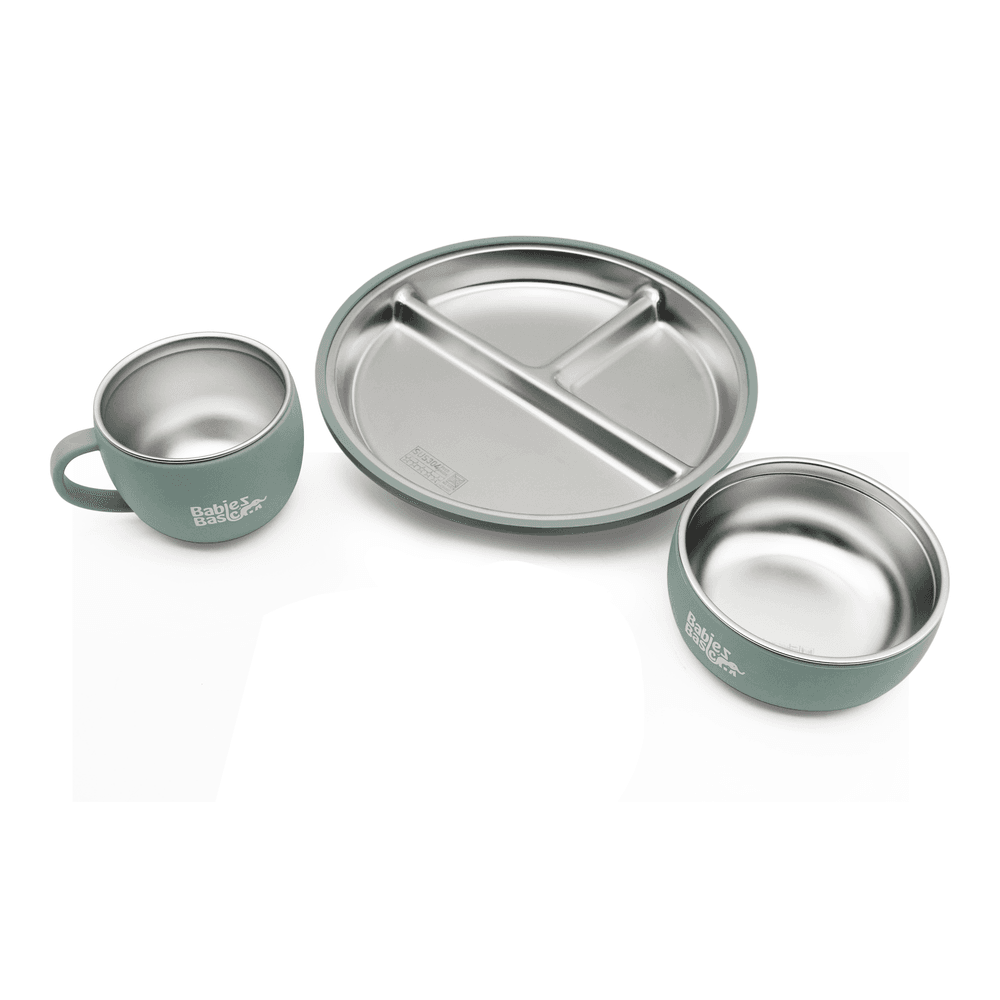 Babies Basic - Stainless Steel Feeding Plate, Bowl & Cup With Silicone Sleeve - Green - 3 Pcs