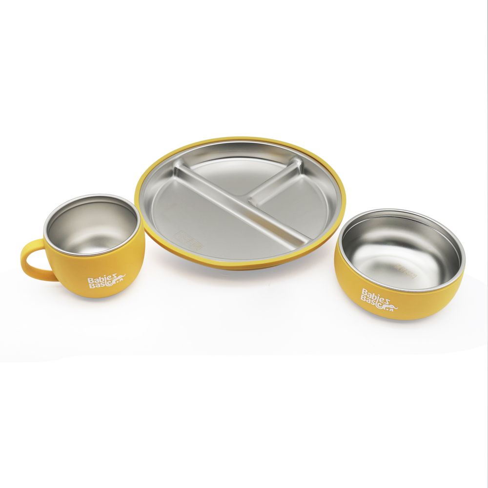 Babies Basic - Stainless Steel Feeding Plate, Bowl & Cup With Silicone Sleeve - Yellow - 3 Pcs