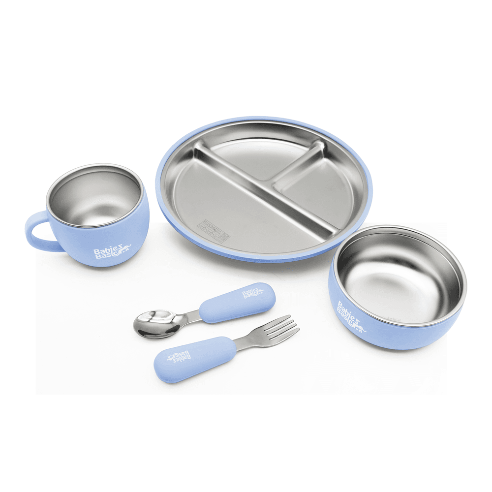 Babies Basic - Stainless Steel Feeding Plate, Bowl, Cup With Spoon & Fork Set - Blue - 5 Pcs