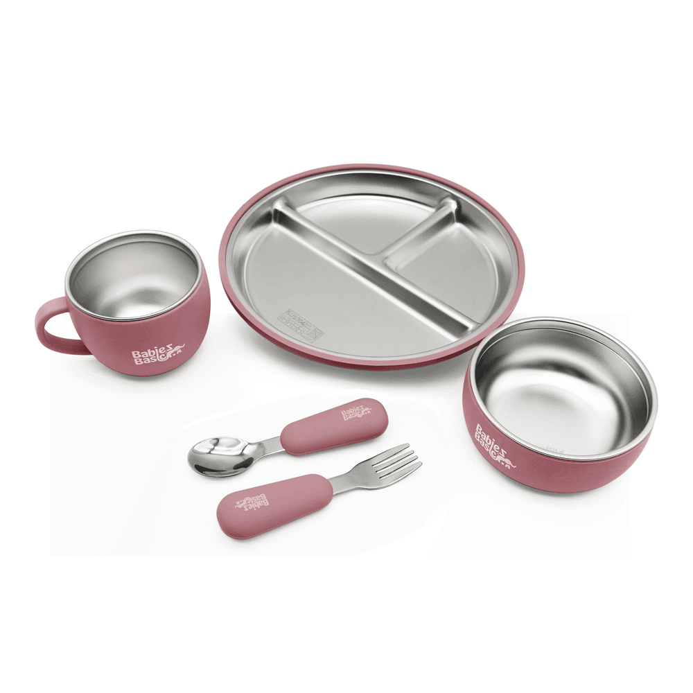 Babies Basic - Stainless Steel Feeding Plate, Bowl, Cup With Spoon & Fork Set - Dusty Pink - 5 Pcs