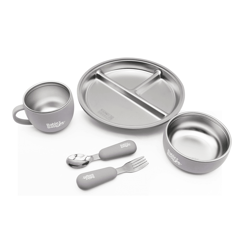 Babies Basic - Stainless Steel Feeding Plate, Bowl, Cup With Spoon & Fork Set - Grey - 5 Pcs