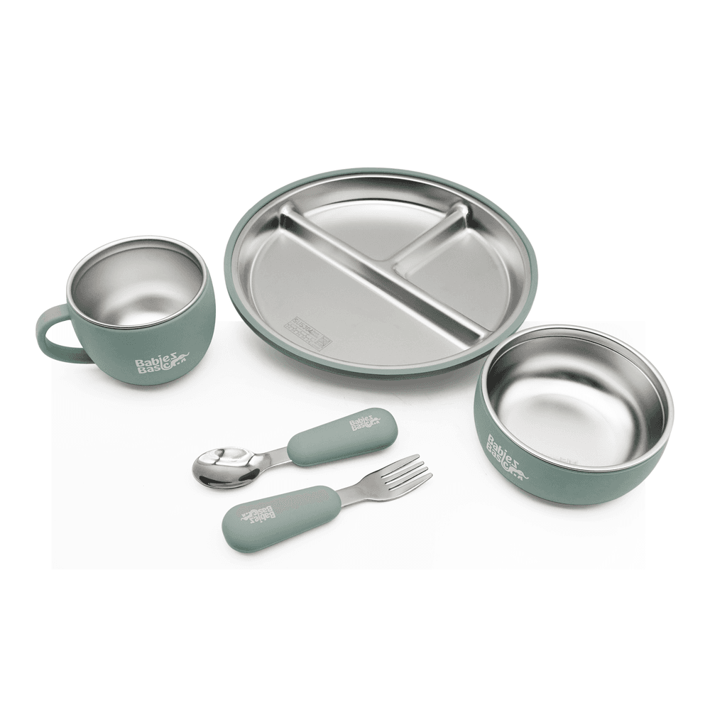 Babies Basic - Stainless Steel Feeding Plate, Bowl, Cup With Spoon & Fork Set - Green - 5 Pcs