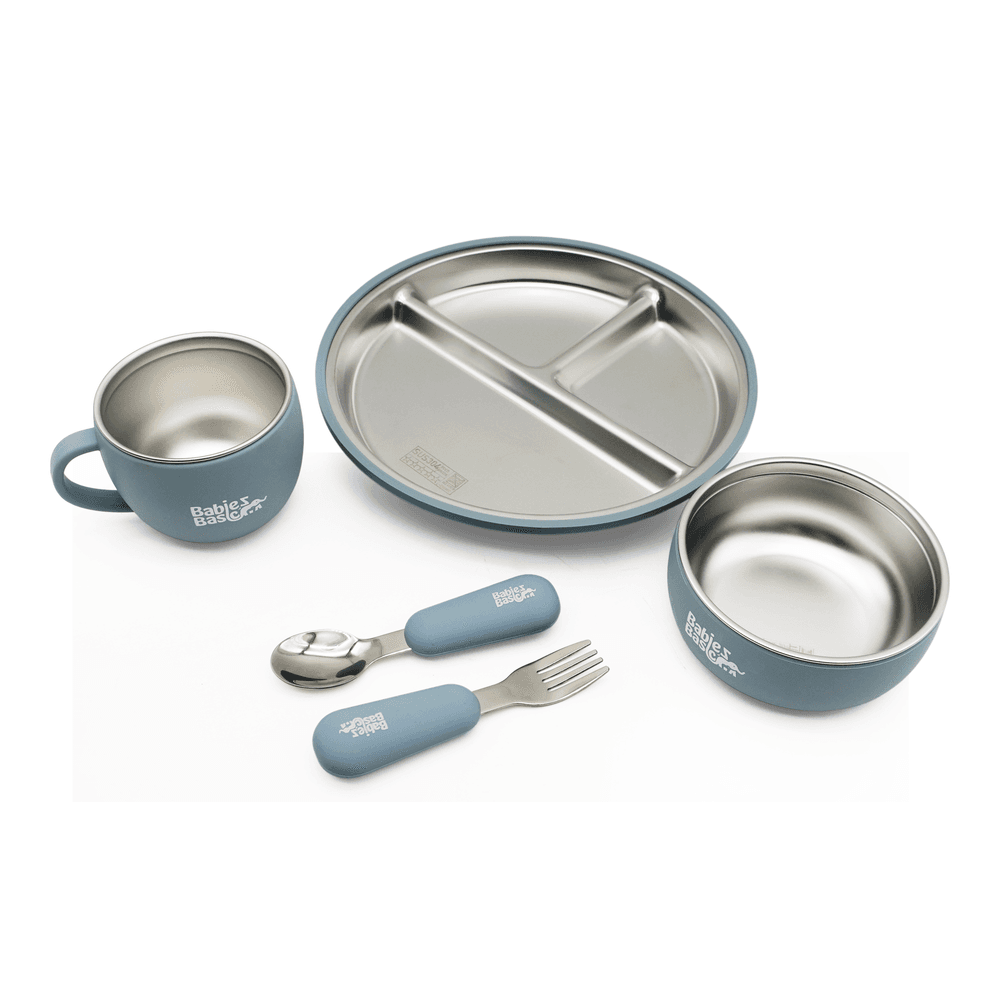 Babies Basic - Stainless Steel Feeding Plate, Bowl, Cup With Spoon & Fork Set - Indigo - 5 Pcs