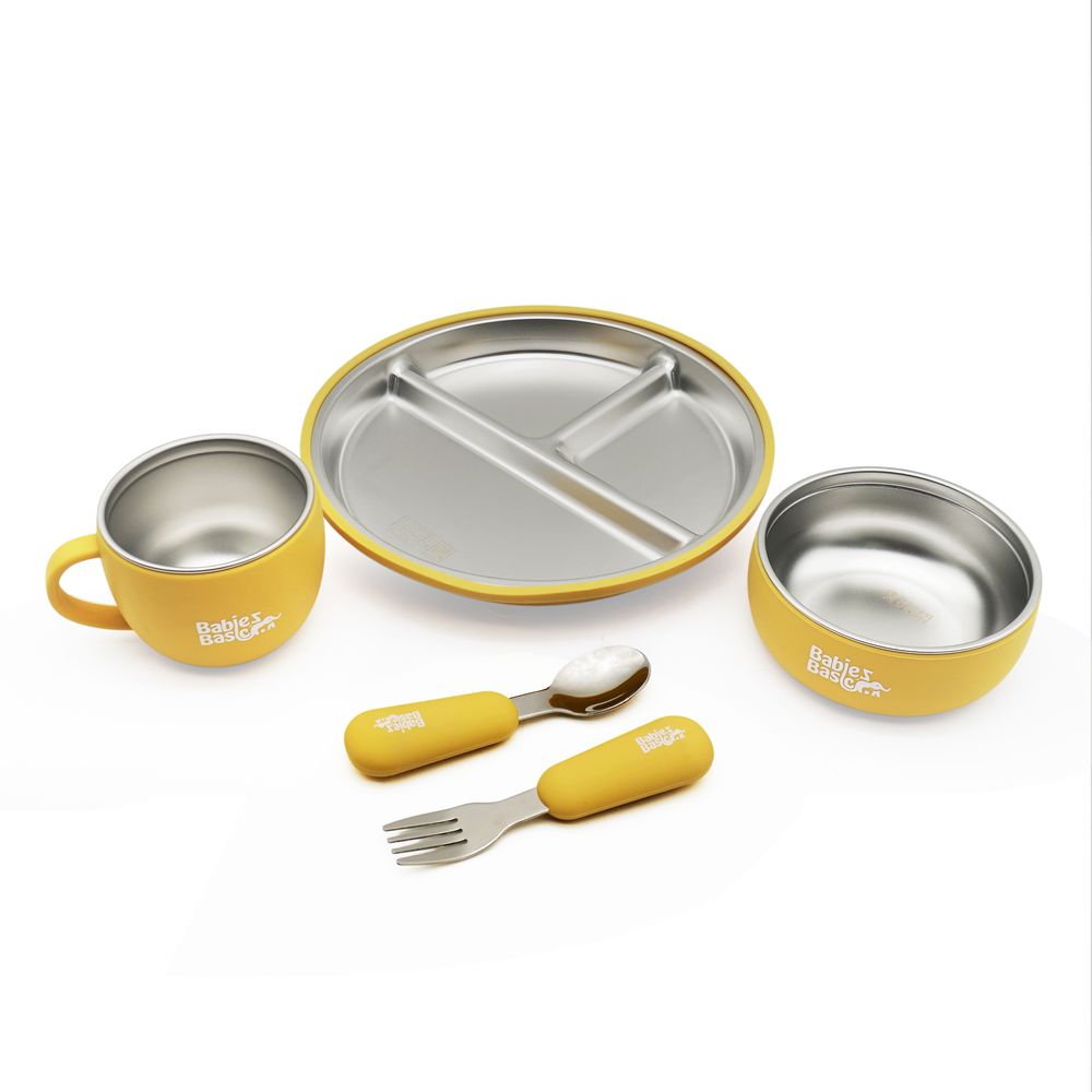 Babies Basic - Stainless Steel Feeding Plate, Bowl, Cup With Spoon & Fork Set - Yellow - 5 Pcs