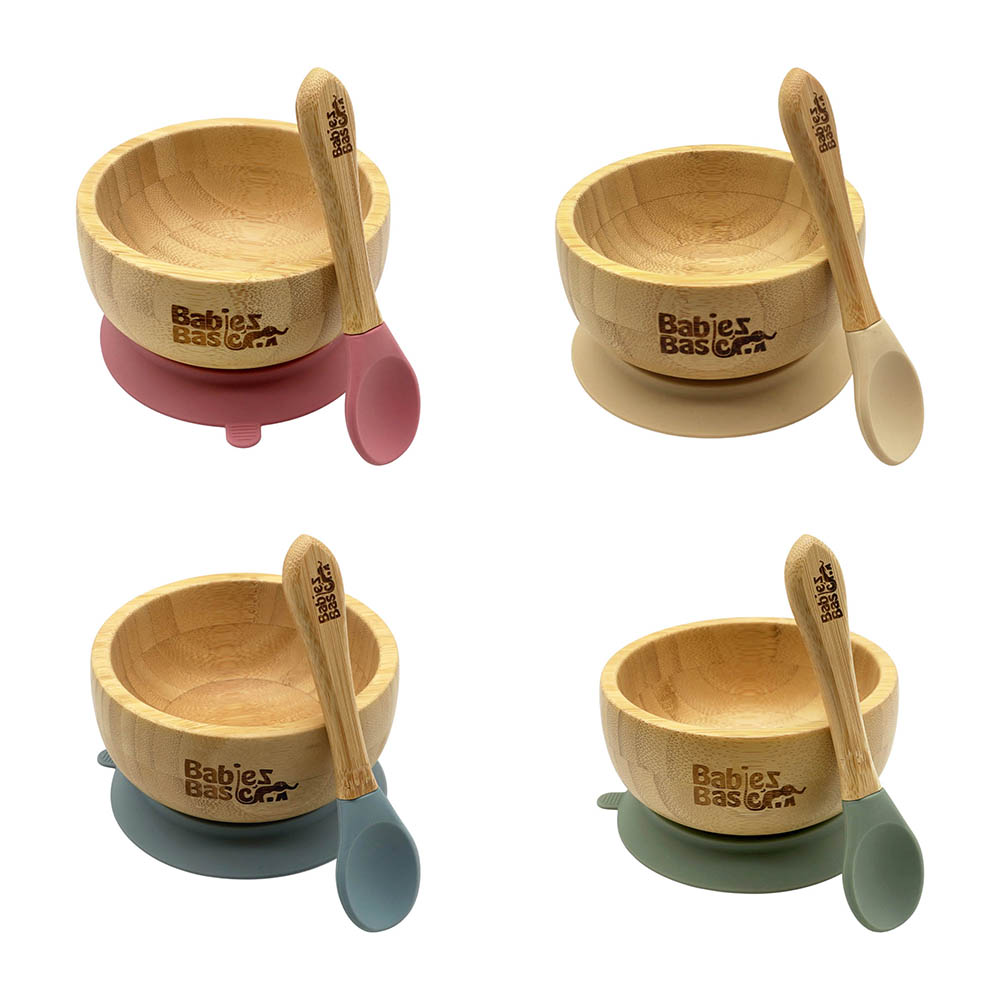 Babies Basic - Suction Bamboo Bowl And Silicone Spoon - 2 Pcs