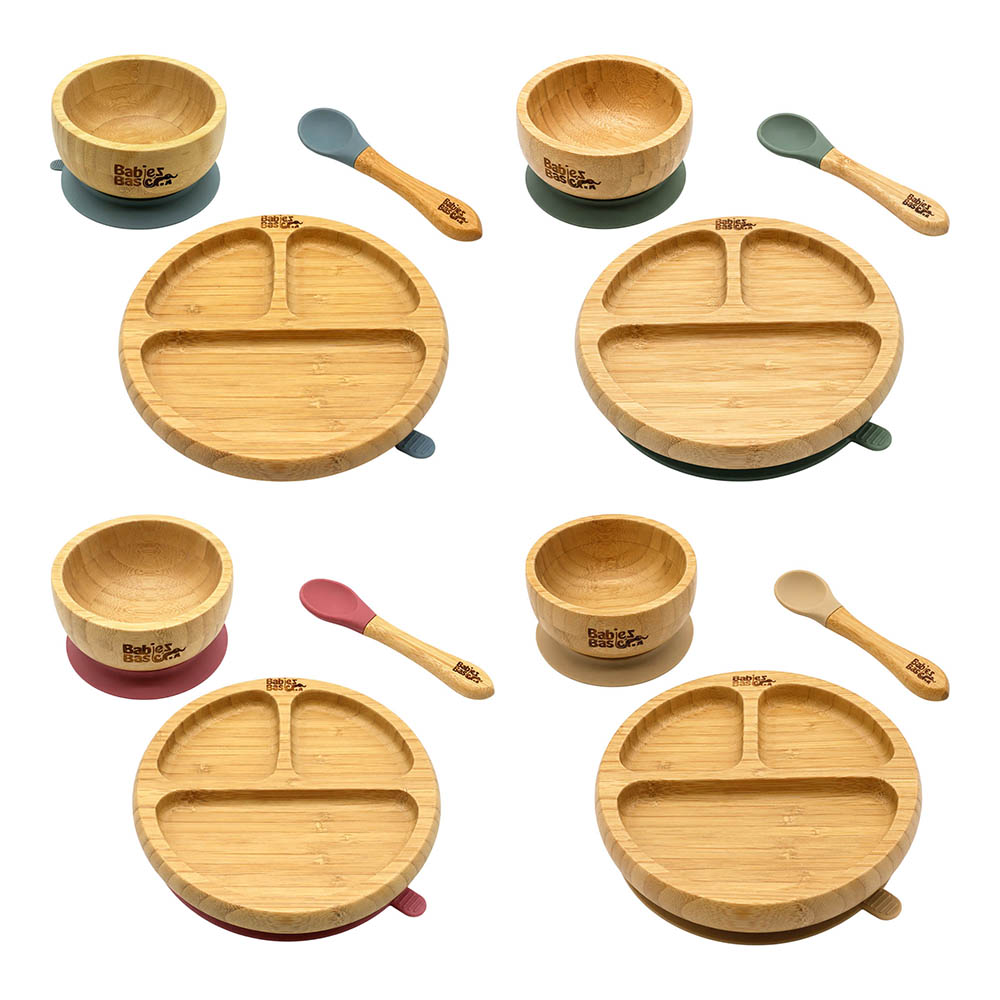 Babies Basic - Suction Bamboo Plate With Bowl And Silicone Spoon - 3 Pcs
