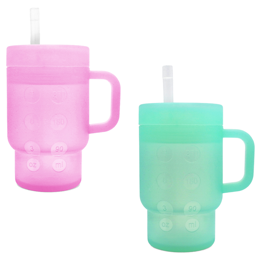 Babies Basic Silicone Tumbler Sippy Cup for Toddlers with Straw and Handle, 360ml, Spill Proof, Clear Design - Green